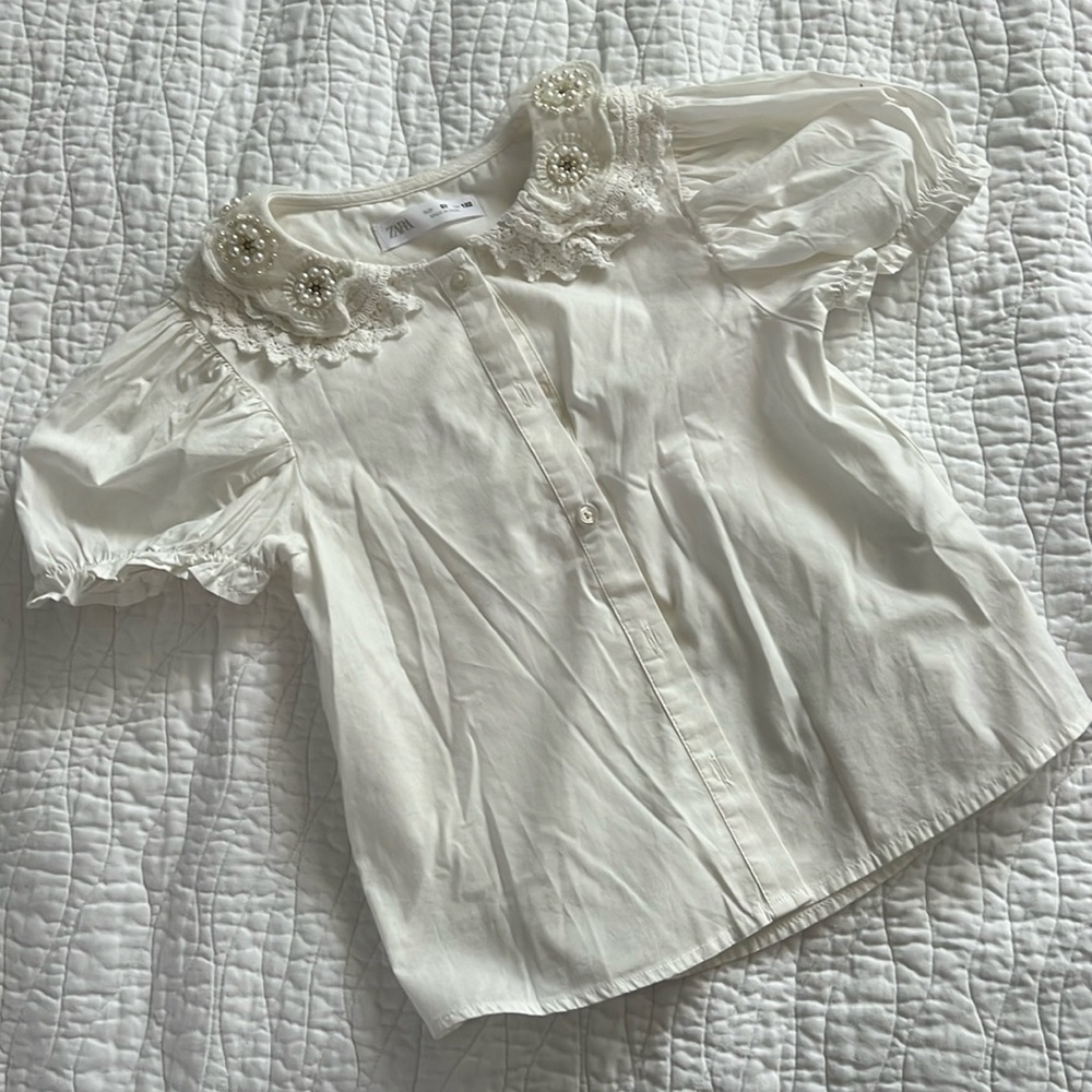 Zara White Button Down Kids Shirt with Lace Collar